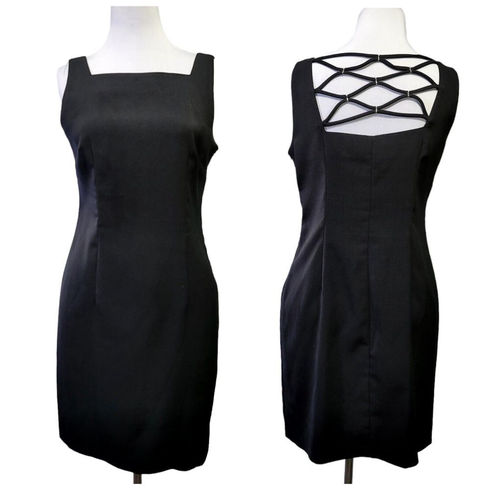 Vintage 90s CDC 12‎ Black Strappy Back Mini Sheath Dress LBD Cocktail Career